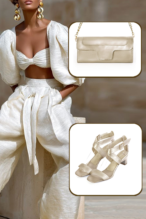 Women's gold elegant fully open cross straps sandals. Square toe. Low kitten heels - Worn view